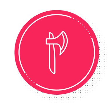 Beyaz çizgi tahta balta simgesi beyaz arkaplanda izole edildi. Oduncu baltası. Kırmızı daire düğmesi. Vektör.