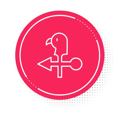 Beyaz çizgi Rooster rüzgar gülü simgesi beyaz arkaplanda izole edildi. Weathercock işareti. Rüzgar gülü horozu. Kırmızı daire düğmesi. Vektör.