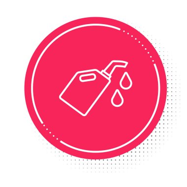 White line Canister for motor machine oil icon isolated on white background. Oil gallon. Oil change service and repair. Red circle button. Vector.