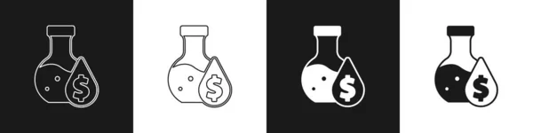 Set Oil Petrol Test Tube Icon Isolated Black White Background — Stok Vektör