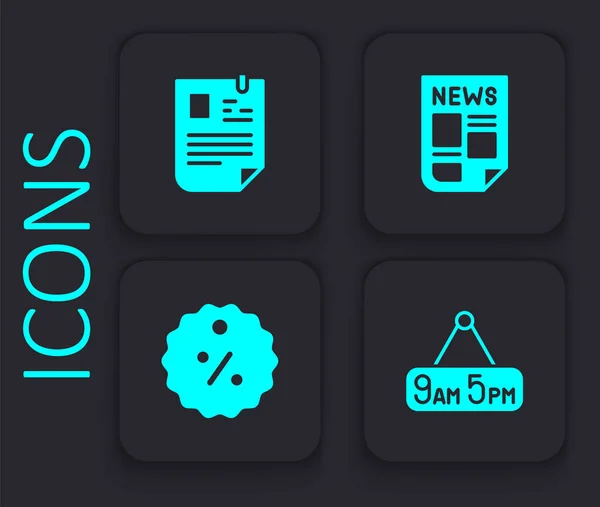 ニュースの再開 および タグの割引率 アイコンを9から5に設定します 黒の四角形のボタン ベクトル — ストックベクタ