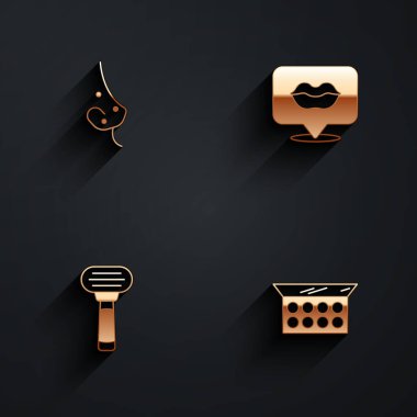 Sivilceli, gülen dudakları tıraş jileti ve makyaj tozunu uzun gölgeli ayna ikonu ile ayarla. Vektör.