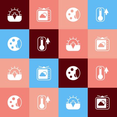 Pop sanatı Sunset Weather hava tahmini ay aşamalarını ve termometre simgesini ayarla. Vektör.