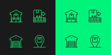 Karton kutu deposu dolu depo ve taşıyıcı bant ikonu ile çizgi konumunu ayarlayın. Vektör.