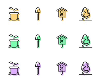 Kürek ve meyve ağacı ikonuna kuş evi bitkisi yerleştir. Vektör.