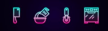 Meat Chopper ölçü kabı, kase pizza bıçağı ve fırın. Parlayan neon ikonu. Vektör.