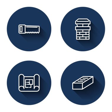 Line Hand, baca evi planını ve Brick 'i uzun gölgeli gördü. Mavi daire düğmesi. Vektör.