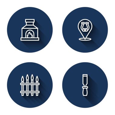 Demirci fırını at nalı klasik demir çit ve uzun gölgeli Rasp metal dosya. Mavi daire düğmesi. Vektör.