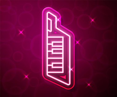 Parlayan neon çizgisi Keytar simgesi kırmızı arkaplanda izole edildi. Müzik aleti. Vektör.