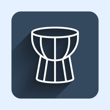 Beyaz çizgi Afrika darbuka davul ikonu uzun gölge arkaplan izole. Müzik aleti. Mavi kare düğme. Vektör.