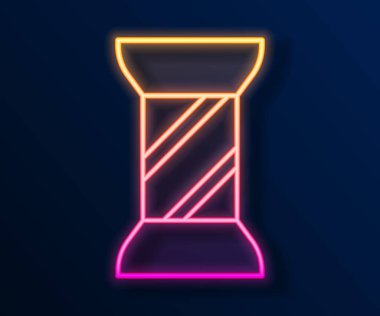 Parlayan neon çizgisi, siyah arkaplanda izole edilmiş makara simgesine iplik dikmek. İplik makarası. İplik kutusu. Vektör.