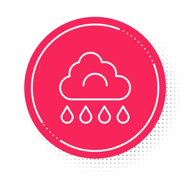 Beyaz çizgi bulutu ve beyaz arka planda izole edilmiş yağmur ikonu. Yağmur damlaları ile yağmur bulutu yağışı. Kırmızı daire düğmesi. Vektör.