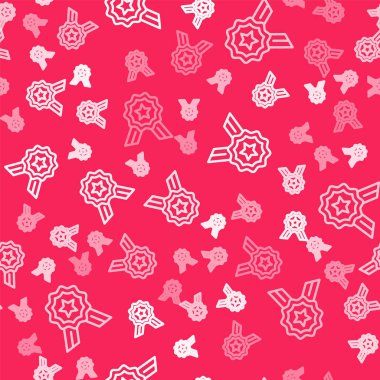 Beyaz çizgi Beş yıldızlı müşteri değerlendirme simgesi kırmızı arka planda izole edilmiş kusursuz desen. Favori, en iyi derecelendirme, ödül sembolü. Vektör.