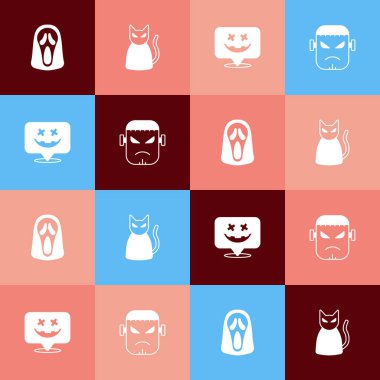 Pop sanatını komik ve korkunç hayalet maskesi Kara Kedi Cadılar Bayramı 'nız kutlu olsun ve Frankenstein yüzü ikonu yapın. Vektör.