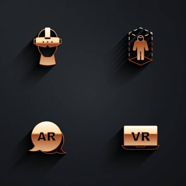 Sanal gerçeklik gözlüklerini güçlendirilmiş AR ve uzun gölgeli ikon modellemesi için ayarla. Vektör.