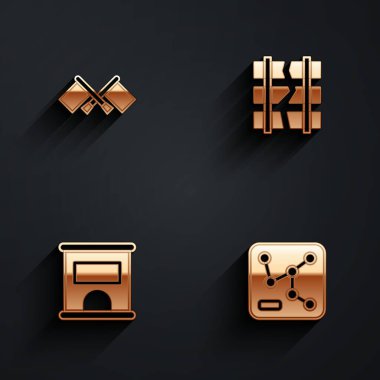 Kırık Bayrak ya da kırık tren yolu bilet bürosunu bilet ve uzun gölgeli demiryolu haritası ikonu almak için ayarla. Vektör.