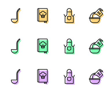 Mutfak önlüğü kepçe yemek kitabı, ölçü kabı ve kase ikonu. Vektör.