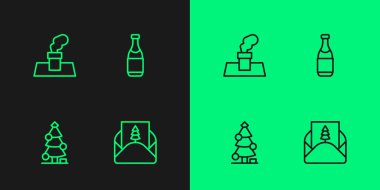 Zarflı Noel ağacı bacası ve şampanya şişesi ikonu. Vektör.