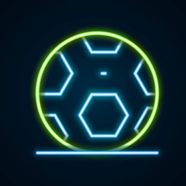 Parlayan neon hattı futbol topu ikonu siyah arka planda izole edildi. Spor malzemeleri. Renkli taslak konsepti. Vektör.