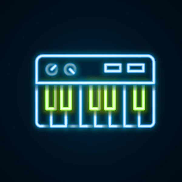 Gloeiende Neon Lijn Muziek Synthesizer Pictogram Geïsoleerd Zwarte Achtergrond Elektronische — Stockvector