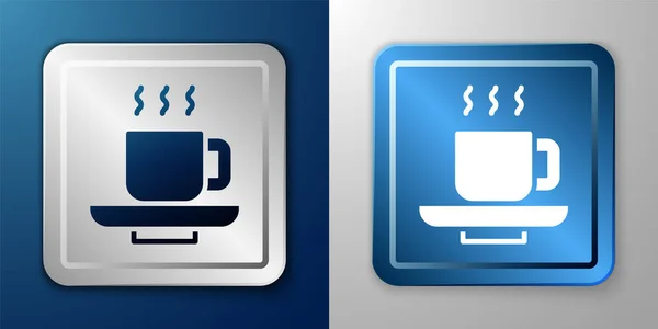 白色咖啡杯图标孤立在蓝色和灰色背景 茶杯热饮咖啡 银蓝色正方形按钮 — 图库矢量图片