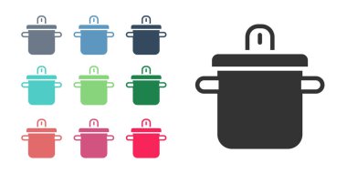 Beyaz arka planda siyah tencere simgesi izole edildi. Haşlama ya da güveç besin sembolü. Simgeleri renklendirin. Vektör.