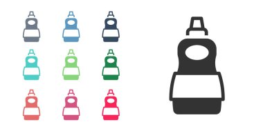 Beyaz arka planda siyah bulaşık deterjanı ikonu izole edilmiş. Bulaşık yıkamak için sıvı deterjan. Simgeleri renklendirin. Vektör.