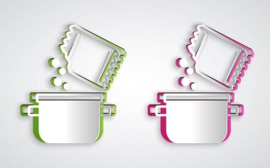 Kağıt kesiği, gri arka planda izole edilmiş tencere ve baharat ikonu. Haşlama ya da güveç besin sembolü. Kağıt sanatı tarzı. Vektör.