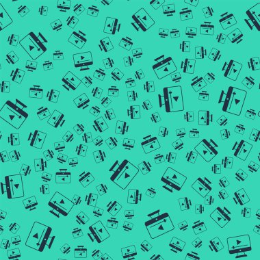 Black Online play video icon isolated seamless pattern on green background. Film strip with play sign. Vector.