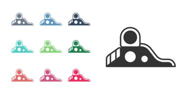 Siyah Kaydırak oyun alanı simgesi beyaz arkaplanda izole edildi. Çocuklar kayar. Simgeleri renklendirin. Vektör.