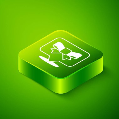 Yeşil arka planda Isometric Gift yay simgesi izole edildi. Yeşil kare düğmesi. Vektör.