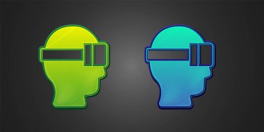 Siyah arkaplanda yeşil ve mavi sanal gerçeklik gözlüğü simgesi var. Stereoskopik 3D VR maskesi. Optik baş monte edildi. Vektör.