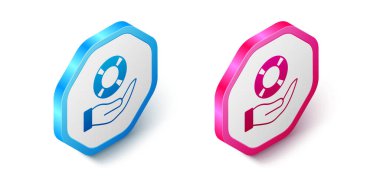 Beyaz arka planda izole edilmiş Isometric Lifebuoy el simgesi. Can simidi sembolü. Altıgen düğmesi. Vektör.