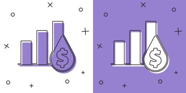 Beyaz ve mor arkaplanda izole edilmiş turta grafiği ve dolar simgesi simgesini ayarla. Diyagram çizelgesi. Vektör.