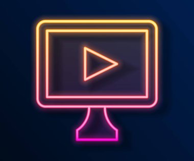 Parlayan neon hattı çevrimiçi video simgesi siyah arkaplanda izole edildi. Oyun işaretli film şeridi. Vektör.