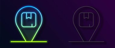 Siyah arkaplanda izole edilmiş karton kutu simgesiyle parlayan neon çizgi konumu. Teslimat hizmetleri, lojistik ve ulaşım, dağıtım. Vektör.