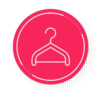 Beyaz çizgili elbise askısı ikonu beyaz arka planda izole edildi. Vestiyer ikonu. Kıyafet servis sembolü. Çamaşır askı tabelası. Kırmızı daire düğmesi. Vektör.