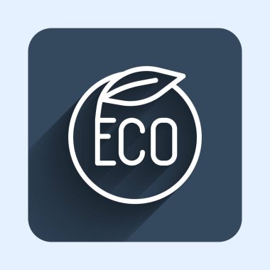 Beyaz çizgi Banner, etiket, etiket, eko yeşil sağlıklı yiyecek simgesi için logo uzun gölgeli arka plan. Organik ürün. Sağlıklı yemek etiketi. Mavi kare düğme. Vektör.