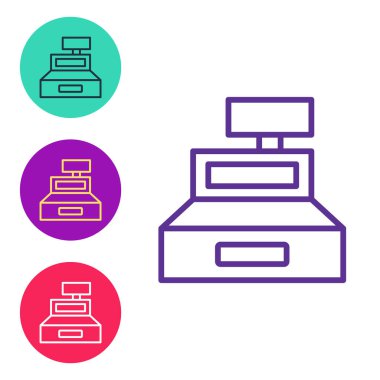 Beyaz arkaplanda izole edilmiş bir çek simgesine sahip yazar kasa makinesini ayarla. Kasiyer tabelası. Tabut sembolü. Simgeleri renklendirin. Vektör.