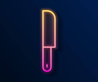 Parlayan neon çizgili bıçak simgesi siyah arkaplanda izole edildi. Çatal bıçak sembolü. Vektör.