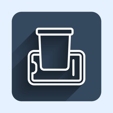 Mobil ikon üzerindeki beyaz çizgi yiyecek siparişi uzun gölge arkaplanı ile izole edildi. Cep telefonuyla sipariş verin. Restoran yemek teslimatı konsepti. Mavi kare düğme. Vektör.
