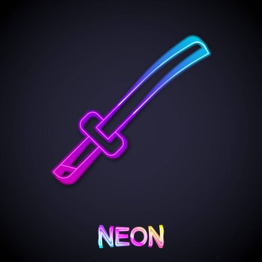 Parlayan neon hattı Geleneksel Japon katana simgesi siyah arkaplanda izole edildi. Japon kılıcı. Vektör.