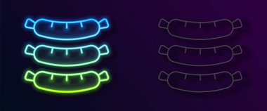 Parlayan neon hattı Sosis simgesi siyah arkaplanda izole edildi. Izgara sosis ve aroma işareti. Vektör.