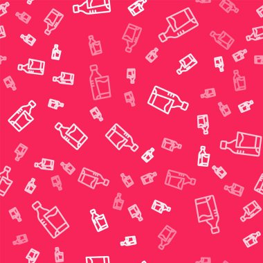 Cam ikonlu beyaz çizgili su şişesi kırmızı arka planda izole edilmiş. Soda su içme tabelası. Vektör.