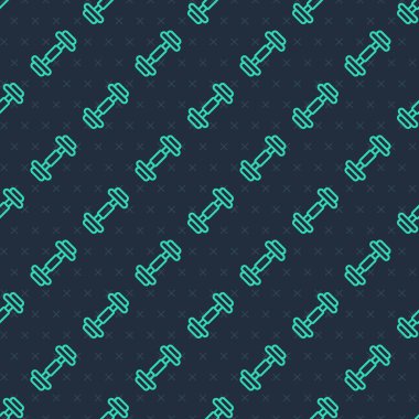 Yeşil çizgi Dumbbell simgesi mavi arka planda kusursuz desen izole etti. Kas kaldırma, fitness halteri, spor malzemeleri. Vektör.