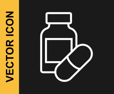 Beyaz çizgi uyku hapı ikonu siyah arkaplanda izole edilmiş. Vektör.