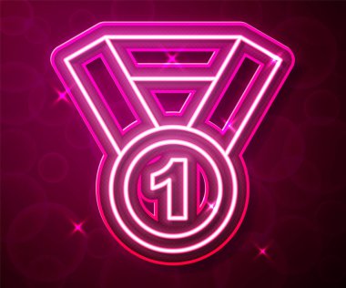 Parlayan neon hattı Madalya simgesi kırmızı arkaplanda izole edildi. Kazanan sembol. Vektör.