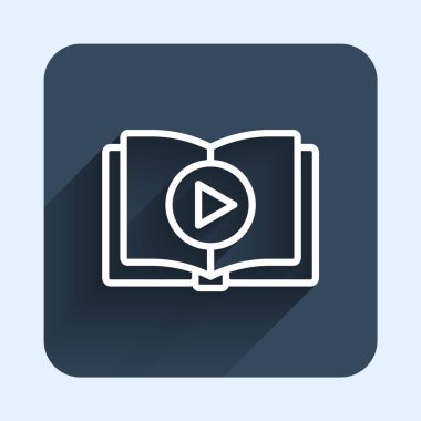 Beyaz çizgi Ses kitabı simgesi uzun gölge arkaplanı ile izole edildi. Oynat ve kaydet. Ses rehberi işareti. Çevrimiçi öğrenme kavramı. Mavi kare düğme. Vektör.
