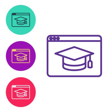 Çevrimiçi eğitim ve mezuniyet simgesi beyaz arkaplanda izole edildi. İnternetteki öğretmen monitörde. Giyinme ve video semineri öğrenme. Simgeleri renklendirin. Vektör.