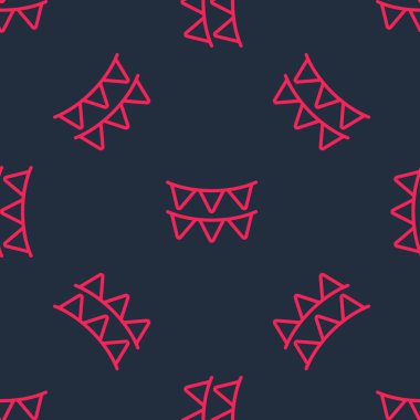 Kırmızı çizgili karnaval çelengi simgesiyle siyah arkaplanda izole edilmiş. Doğum günü kutlaması için parti flamaları, festival dekorasyonu. Vektör.